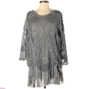 Simply Couture size S grey BOHO crochet lace overlay long sleeve ruffled dress